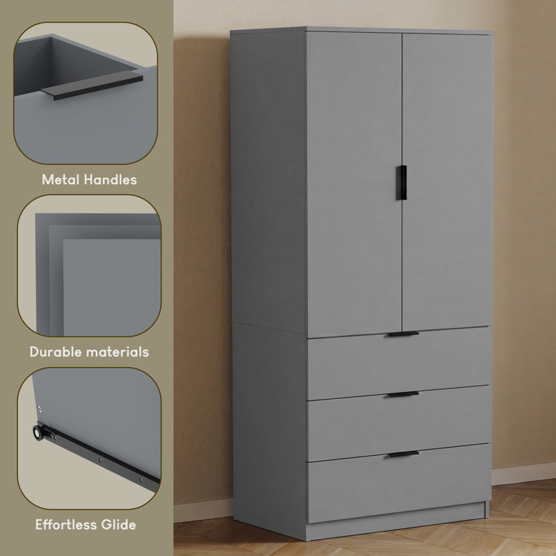 Modern 2 Door 3 Drawer Wardrobe with Hanging Space for Bedroom Storage & Organisation, Grey