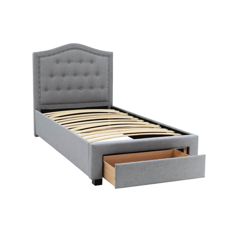 Lit simple avec tête de lit arquée et revêtement en toile de jute de couleur grise bouton de rangement en tissu, Twin, Gray