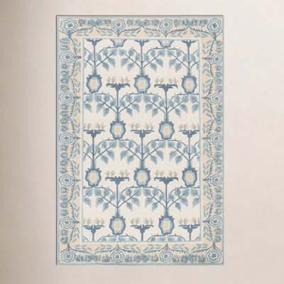 Louella Ivory and Blue Floral Hand-Tufted Wool, Cotton, and Viscose Area Rug