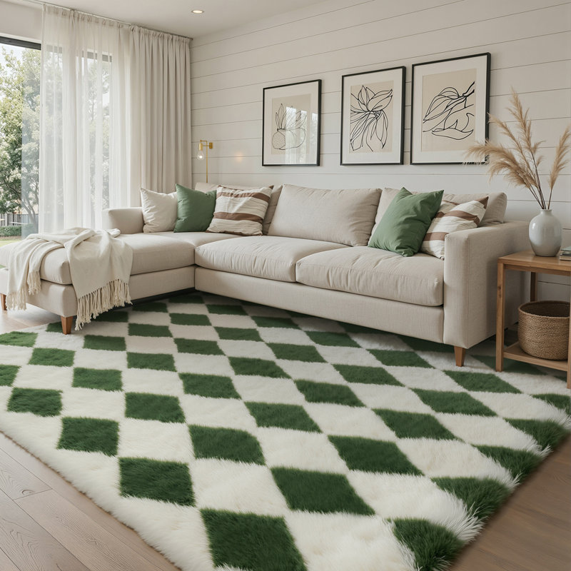 Modern Green/White Checkered Machine-Washable Shag Area Rug, Green/White, Rectangle 5' x 7'