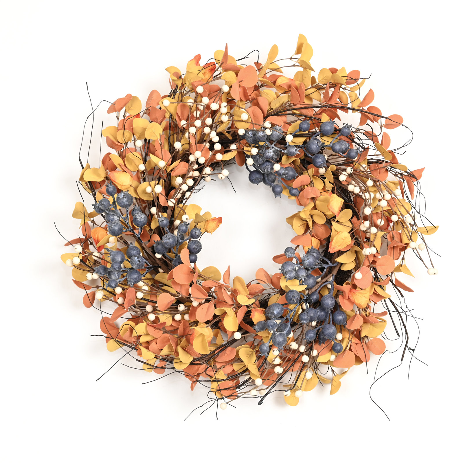 24" Handcrafted Eucalyptus Thanksgiving Wreath, Orange;Blue
