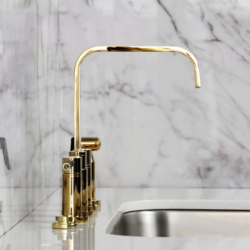 Kingston Brass Kaiser Two-Handle 4-Hole Deck Mount Bridge Kitchen Faucet with Brass Side Sprayer, Polished Brass
