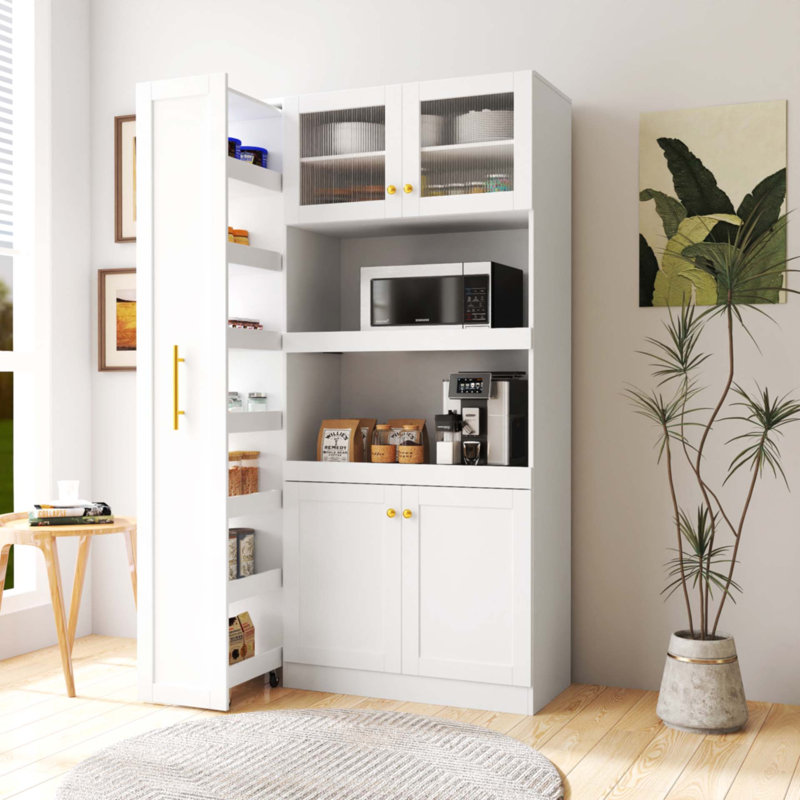 Armoire de cuisine avec tablette de rangement coulissante multi-fonctionnelle, Blanc