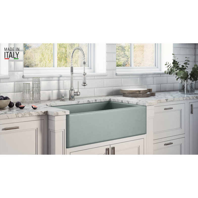 Fiamma 33" L x 20" W Farmhouse Kitchen Sink with Sink Grid and Drain Assembly, Horizon Gray