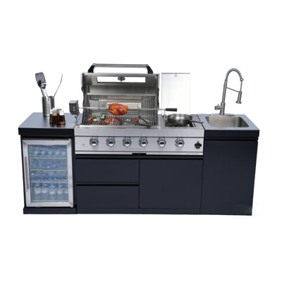 85" W 4-Burner Propane Gas Grill Island with Side Burner, Rotisserie and Outdoor Rated Refrigerator and Sink