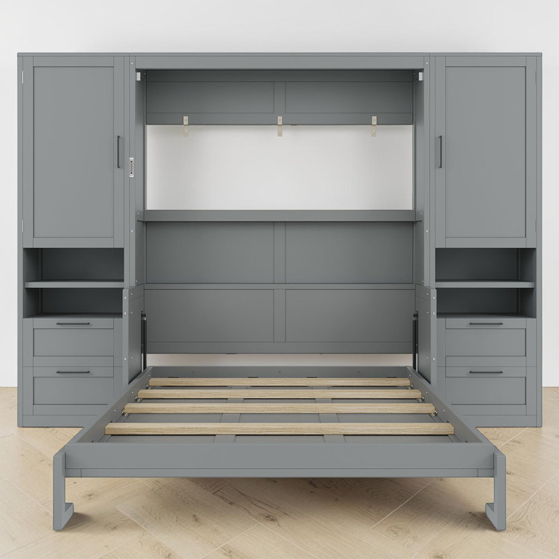  Lit escamotable, lit escamotable avec garde-robe et bureau, bois, tiroirs et étagères de rangement, moderne et contemporain, pièce multifonctionnelle