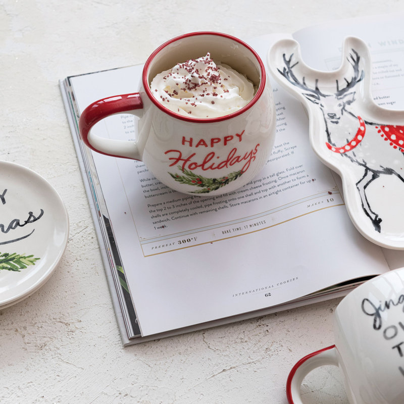 Stoneware Mugs With Holiday Saying And Animal Prints