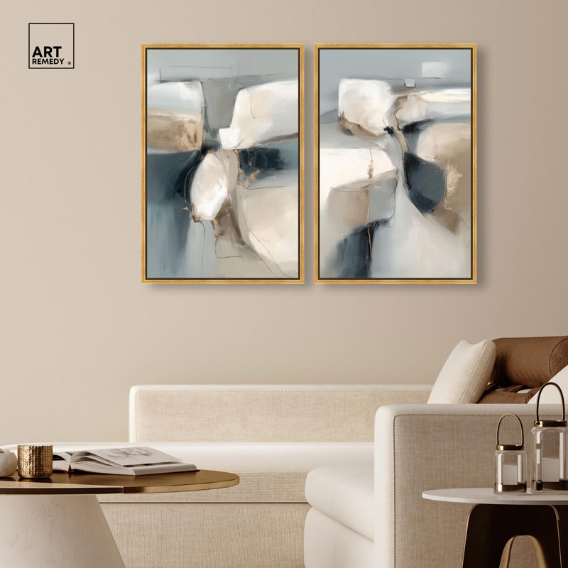 River Stones Collection Canvas Print Abstract Wall Decor Set by Art Remedy, Black Frame, 10 x 15, H 31 po x l 21 po