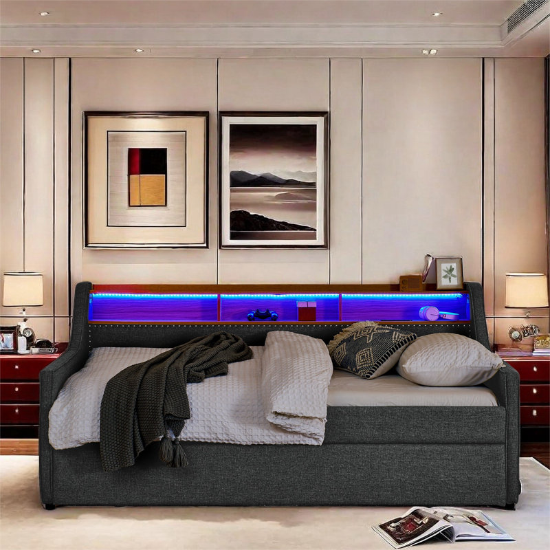 Gata Upholstery Daybed with Trundle, LED lights, Storage Headboard and Wireless Charging , Gray