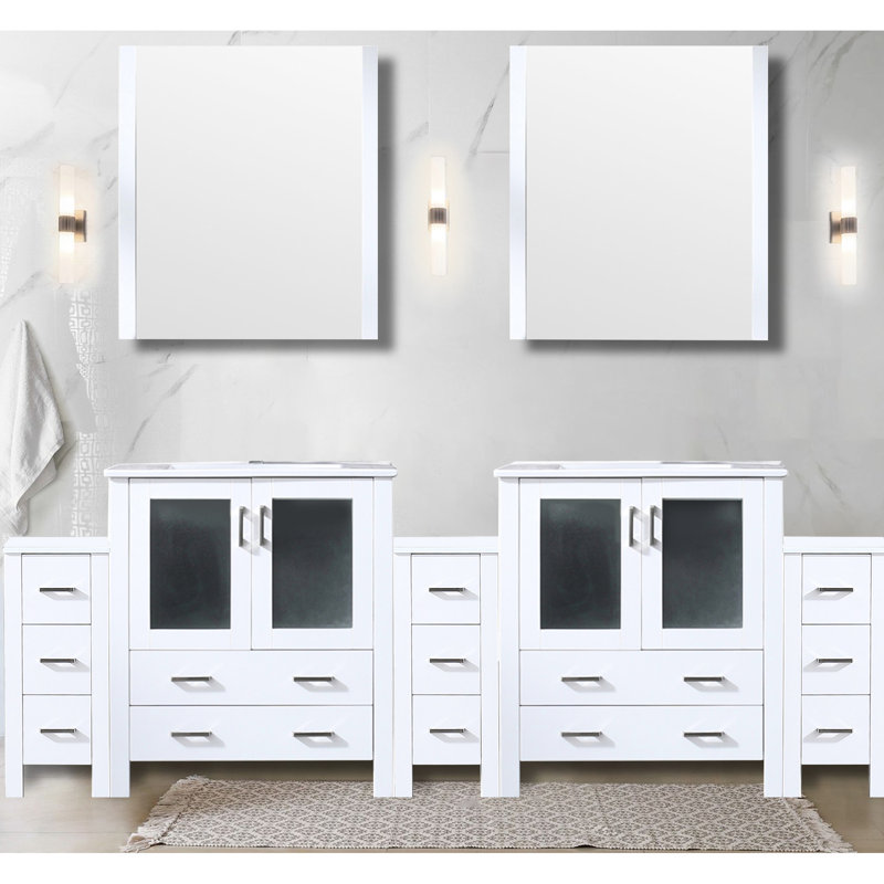 96 In. White Bath Vanity - Side Cabinets, Scratch Proof & Practical Double White, Solid Wood Long Lasting