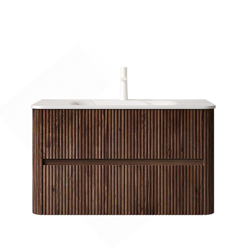 Meuble-lavabo de salle de bain avec lavabo, armoire de rangement flottante avec tiroirs, bassin en pierre frittée, pré-assemblé, idéal pour les salles de bain hygiéniques et spacieuses