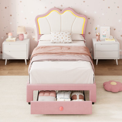 Twin Bed Frame with Storage, Upholstered LED Bed Frame with Headboard, Cute Velvet Platform Bed Frame for Kids, Girls, Solid Wood Slats Support, No Box Spring Needed, Easy Assembly, Pink+White