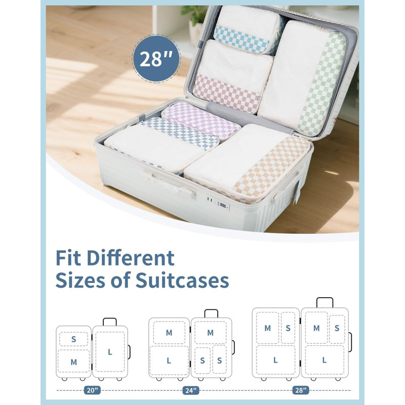 Paquet de 7 cubes de voyage à carreaux, sacs de rangement pour bagages et accessoires de voyage