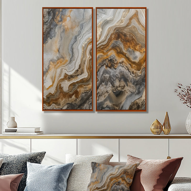 Or et gris effet marbre II - art mural moderne 2 pièces, 32'' H x 32'' W, Impression encadrée flottante, Brown