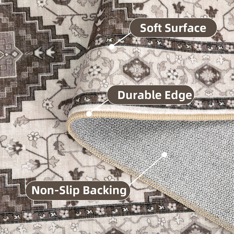 Machine Washable Rug with Rubber Backing for Living Room Oriental Non-Slip Area Rug Easy-Cleaning Vintage Floor Carpet for Bedroom Dining Room