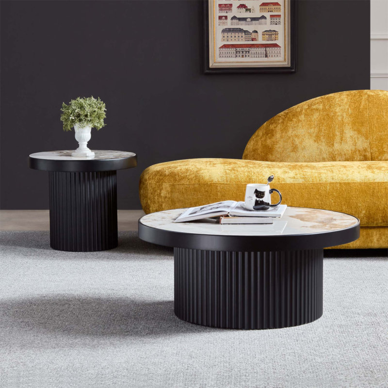 Ensemble de 2 tables basses rondes en pierre frittée, élégantes et durables pour les salons et les appartements modernes