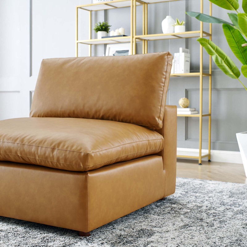 Chaise sans accoudoirs rembourrée en cuir Vegan, Simili cuir brun clair