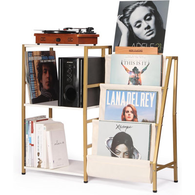 3-Tier MDF Gold Metal Record Player Stand with Solid Wood Now Playing Holder & Side Vinyl Display Shelf