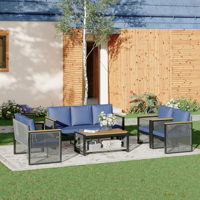 Ensemble de conversation pour patio 7 places avec coussins, Bleu