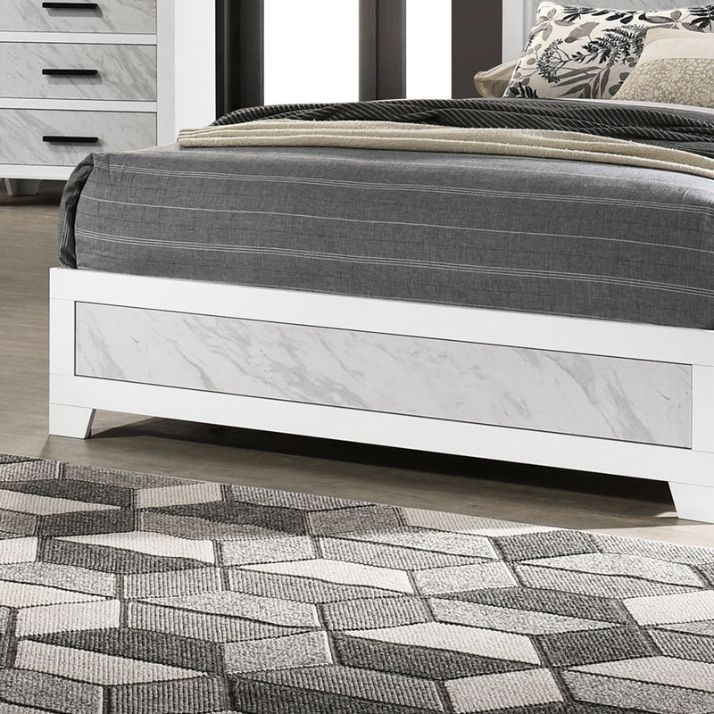 Cadre de lit transitionnel blanc pour grand lit, panneau en faux marbre sur l'Hb et Fb, fabrication en bois d'hévéa, article de décor de chambre à coucher grand lit contemporain, tête de lit design, structure en bois d'ingénierie, configuration