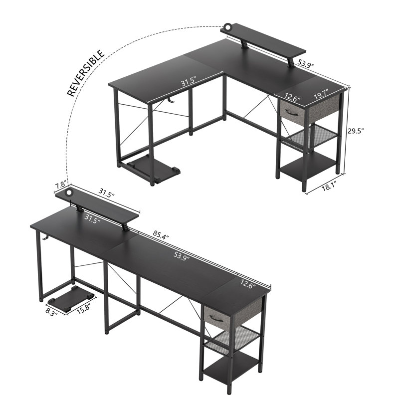 Ivanno Modular L-Shaped Stainless Steel Computer Desk, Black