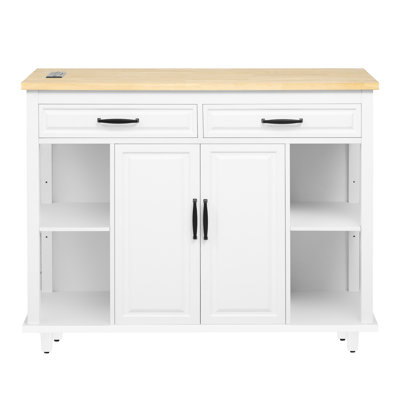 47.2" Kitchen Island With 13.8 X 41.7 Extendable Dining Table, Rubber Wood Veneer, Internal Storage Rack, Charging Outlets