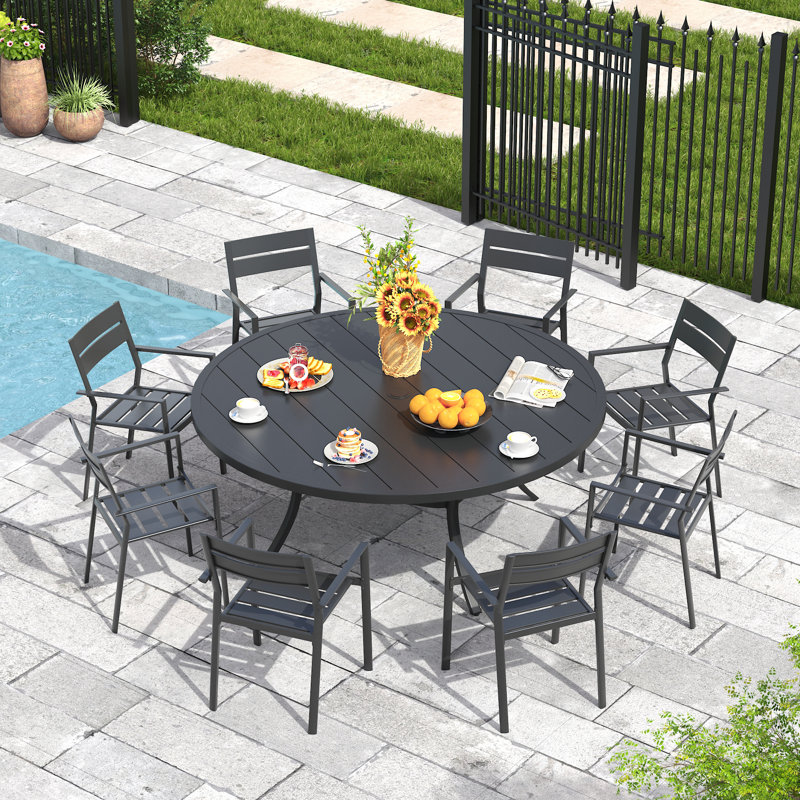 8 - Person Round Outdoor Dining Set With Metal Armrest Chairs, Black