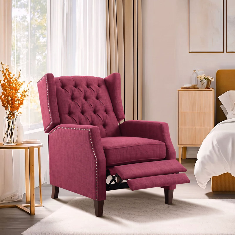 Fauteuil à oreilles capitonné 27 po avec garniture cloutée, Rouge vin