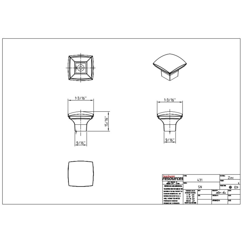Sonoma 1 1/16" Length Square Knob, Satin Nickel