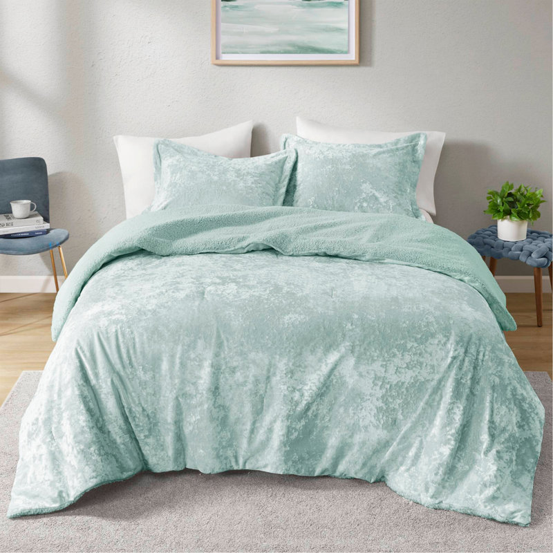 Ensemble d'édredon réversible en sherpa 3 pièces, Turquoise, Édredon double et 2 taies décoratives