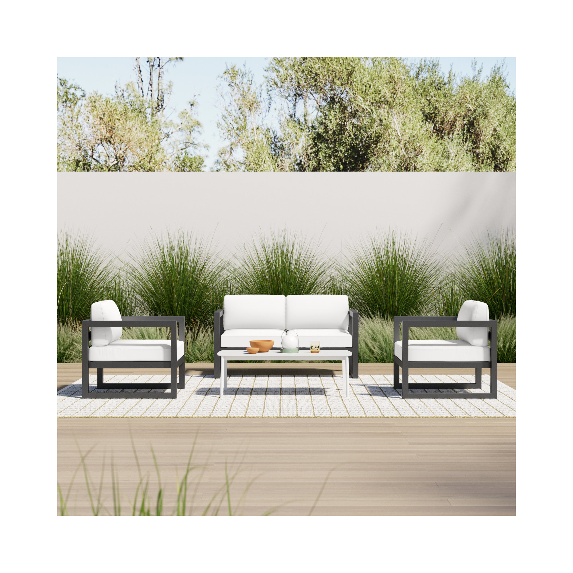 Smith 3 Piece Sofa Seating Group with Sunbrella Cushions, Slate, Canvas Natural
