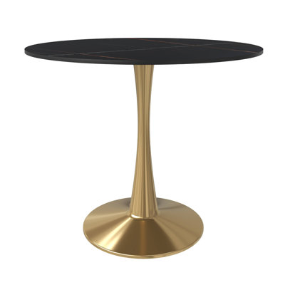 Round Dining Table With Sintered Stone Top And Steel Pedestal Base Restaurant Table - Seats 2-4 Person For Kitchen And Dining Room