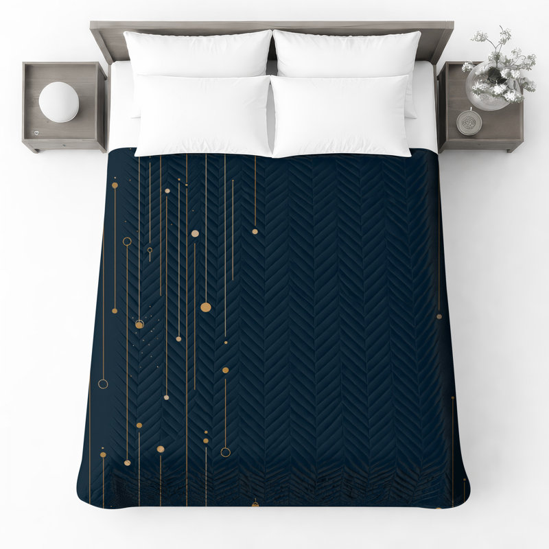 Gold Lines Blue Background Quilted Bedspread All Sizes, King