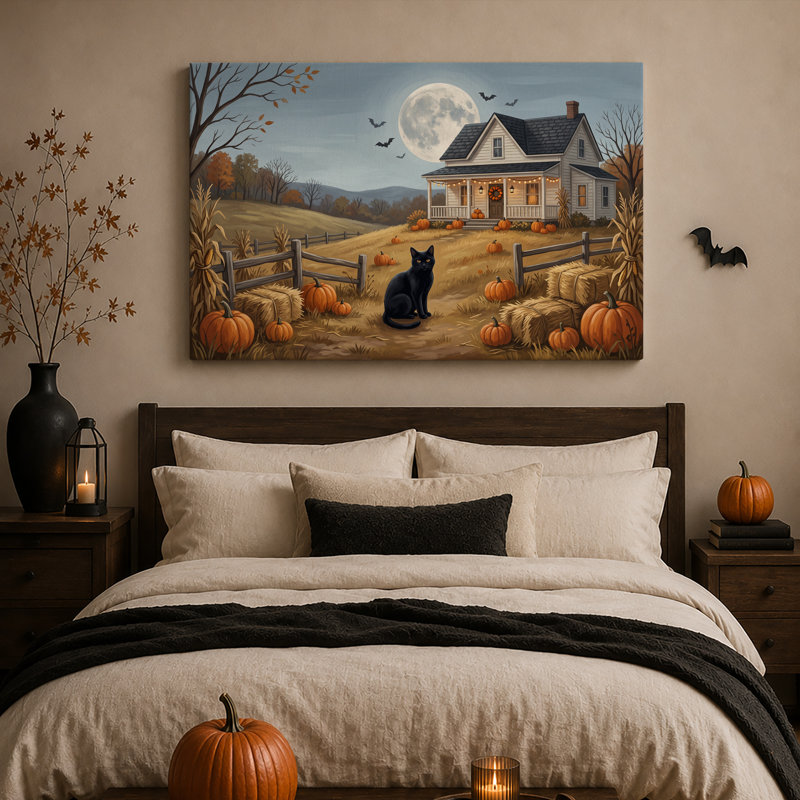 «Black Cat Sitting in Pumpkin Patch Under Full Halloween», art mural sur toile, H 16 po x l 24 po