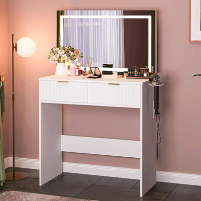 Fluted Makeup Vanity Desk with LED Lighted Mirror, 2 Drawers, Built-In Power Outlets and USB Ports, Light Wood Dressing Table with Hair Dryer Holder