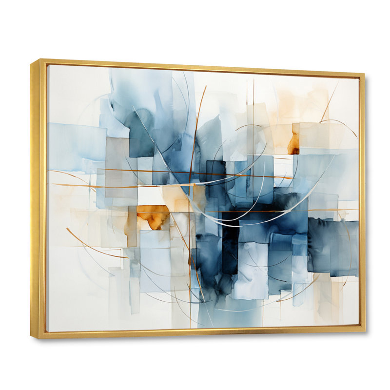 Bleu gris, dessin au trait abstrait géométrique II - art mural, H 34 po x l 44 po x P 1,5 po, Cadre flottant doré