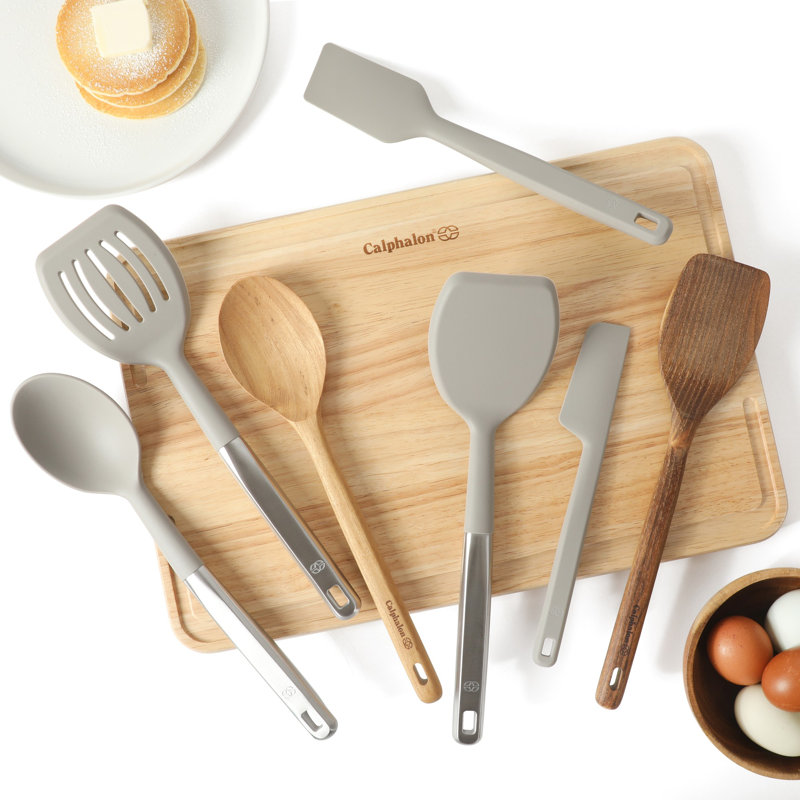 Ensemble d'outils de cuisine Calphalon Prime 7 pièces en silicone et teck - Taupe, Taupe