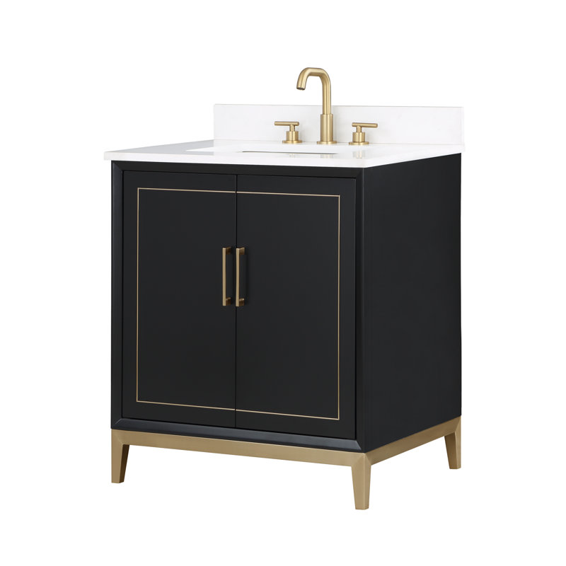 Gracie 30'' Single Bathroom Vanity with Top, White Quartz, Midnight Black, Satin Brass