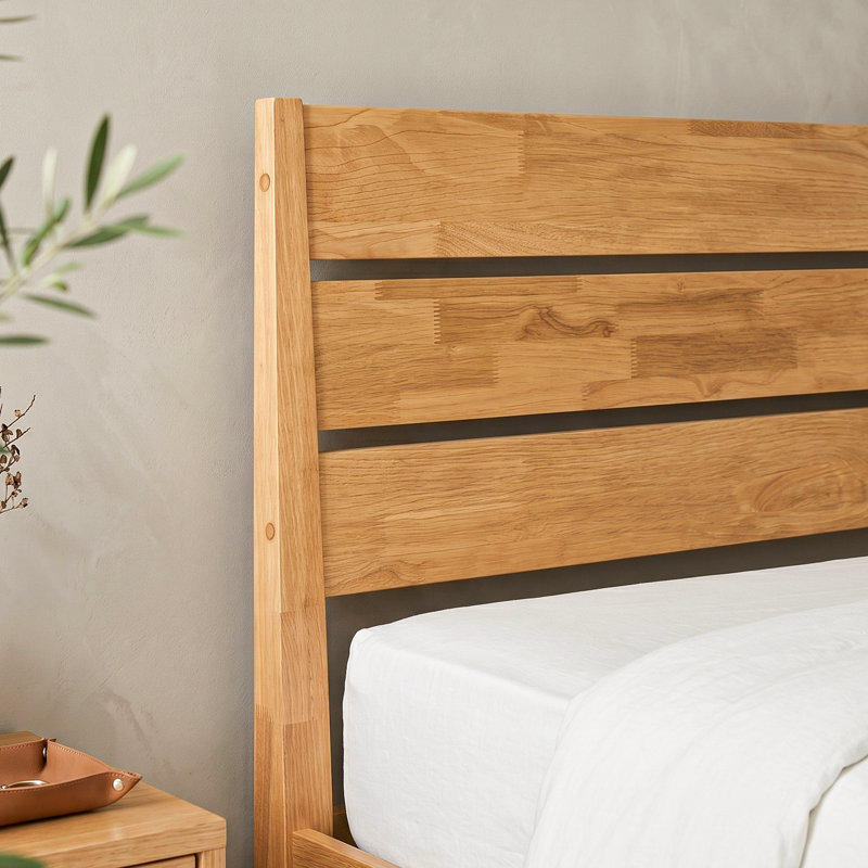 Tanira Full Size Mid-Century Solid Wood Platform Bed Frame, TAB-41-F, with Slatted Headboard, Honey Oak, No Box Spring Needed