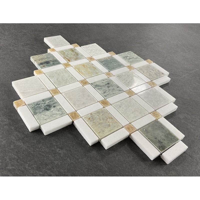Marble Pinwheel Mosaic Wall & Floor Tile, Ming Green/Thassos White/Honey Onyx