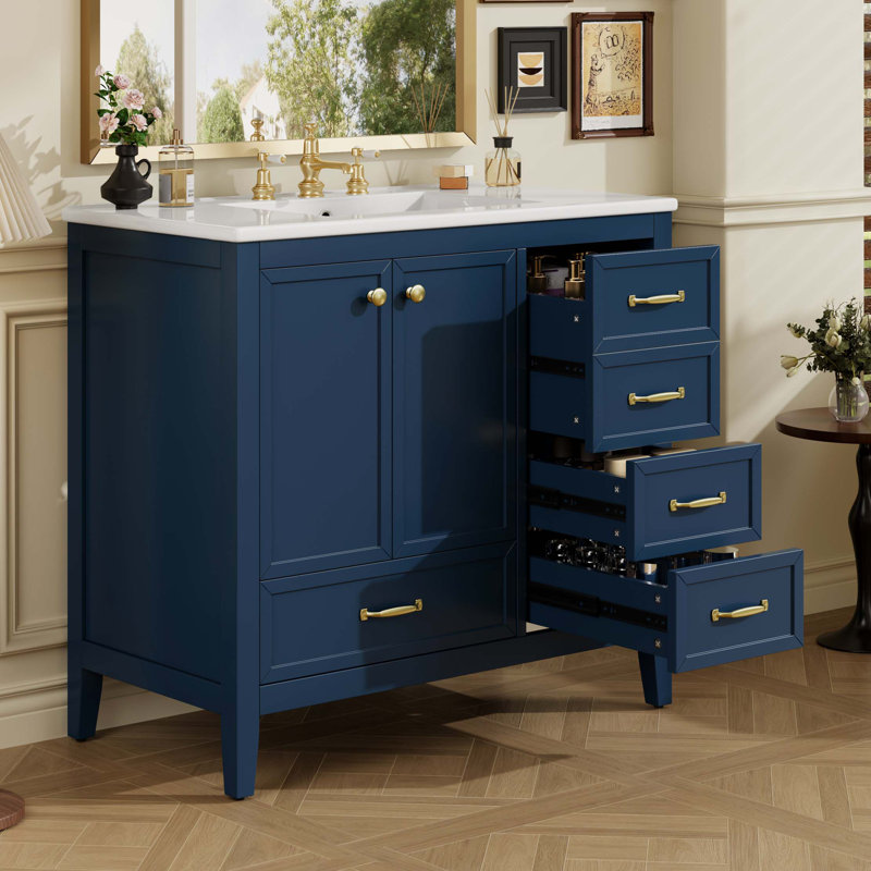 Meuble-lavabo 36 po avec lavabo, armoire de salle de bain avec porte à fermeture en douceur, 4 tiroirs de différentes tailles, structure et pieds en bois massif