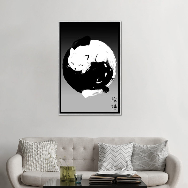 Yin Yang Cats, No Mat, 48" H x 32" W x 1.5" D, Silver Floater Framed Canvas