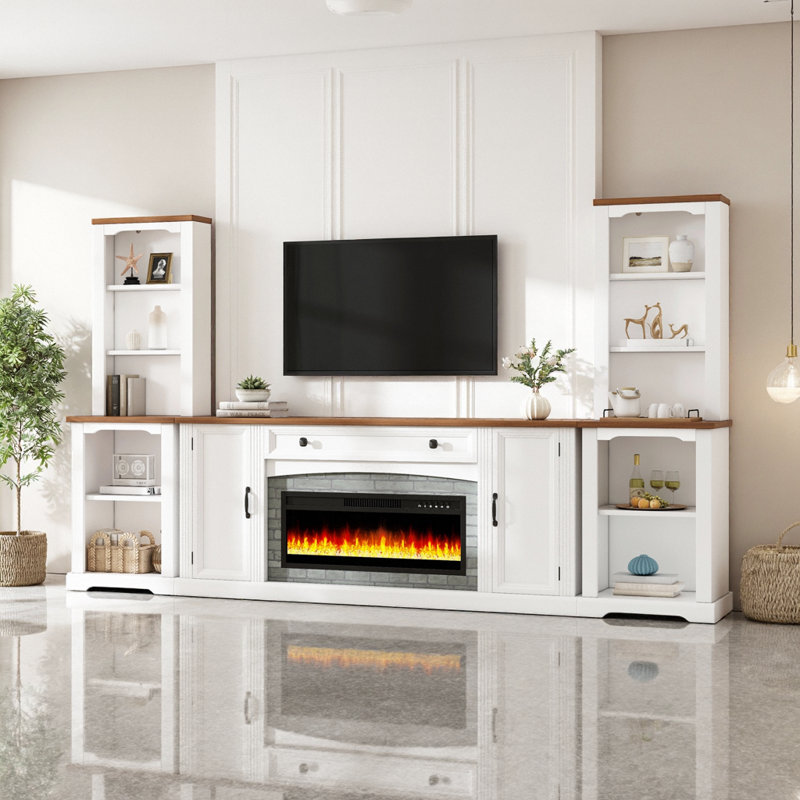 Meuble audio-vidéo 3 pièces avec foyer électrique, meuble télé avec flamme à changement de couleur et tablettes, Blanc