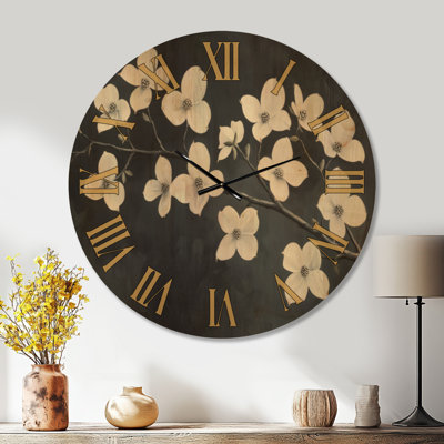Horloge murale ronde à motif floral de cornouiller blanc, impression sur bois