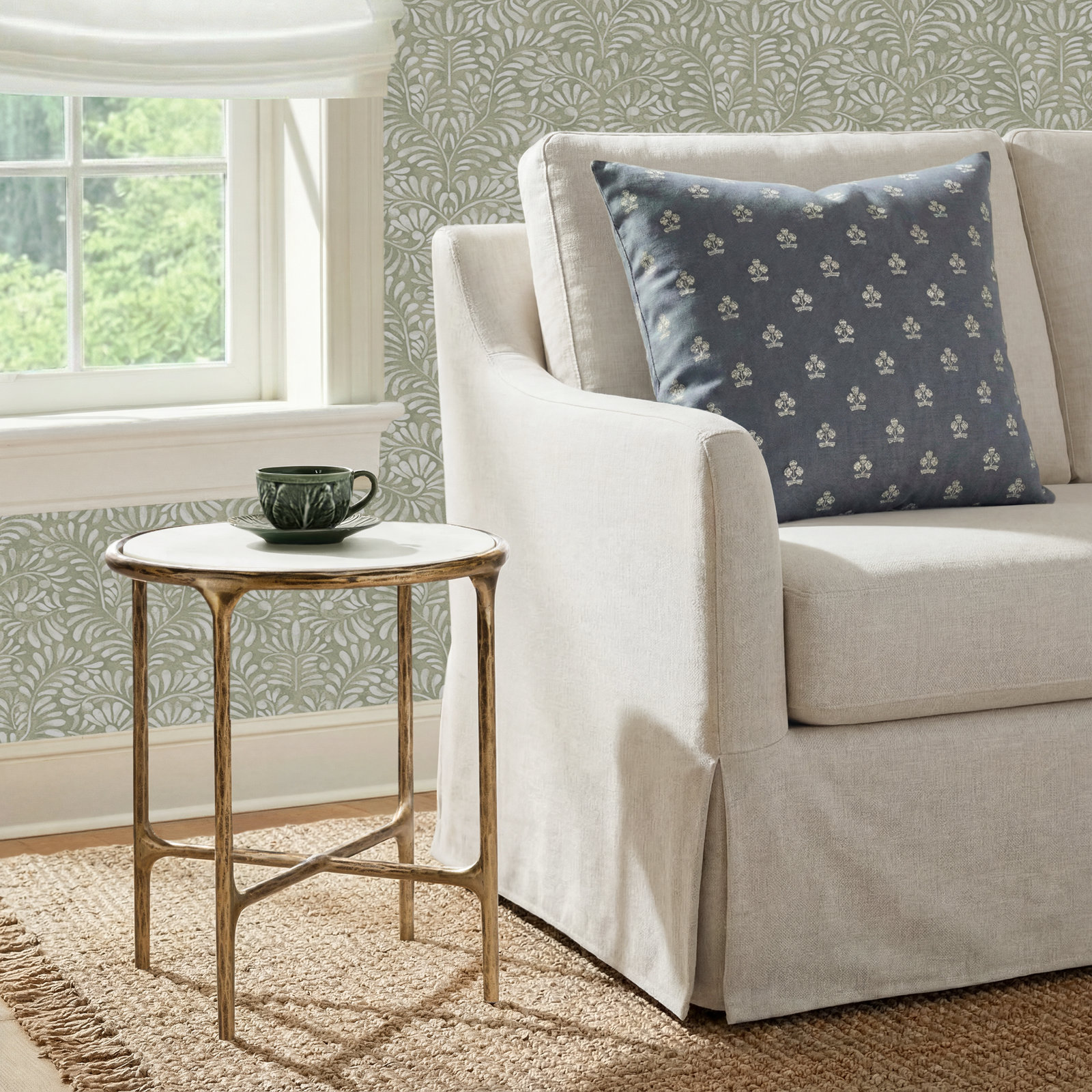 Evelynn Glass Cross Legs End Table, Brass, White Marble