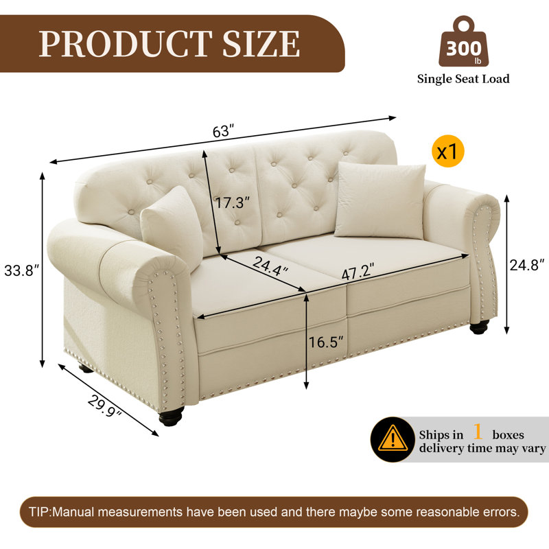 Canapé Chesterfield 63 po en velours, Beige