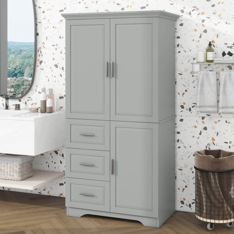 Armoire de rangement haute, armoire de rangement autoportante avec portes, trois tiroirs et tablette réglable, dispositif anti-basculement