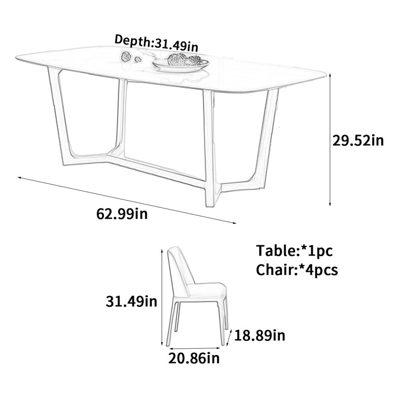 Solid wood dining table and chair set, 29.52"H x 62.99"L x 31.49"W
