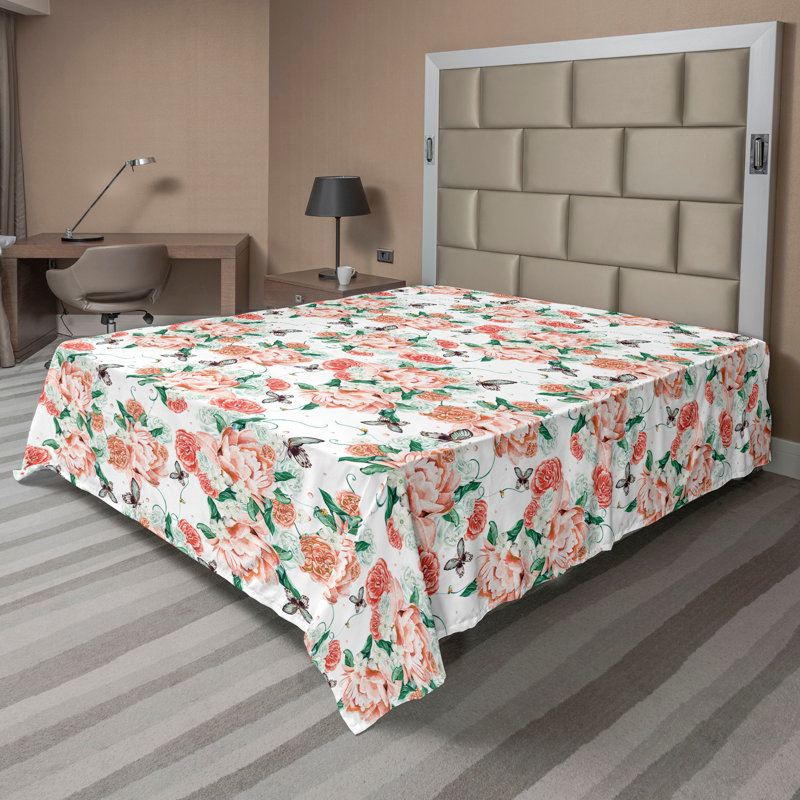 Ambesonne Romantic Flat Sheet Wild Spring Butterflies Jade Green Salmon White, Queen Flat Sheet