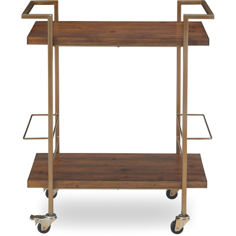 Industrial Walnut & Gold Bar Cart with Wine Rack and Storage